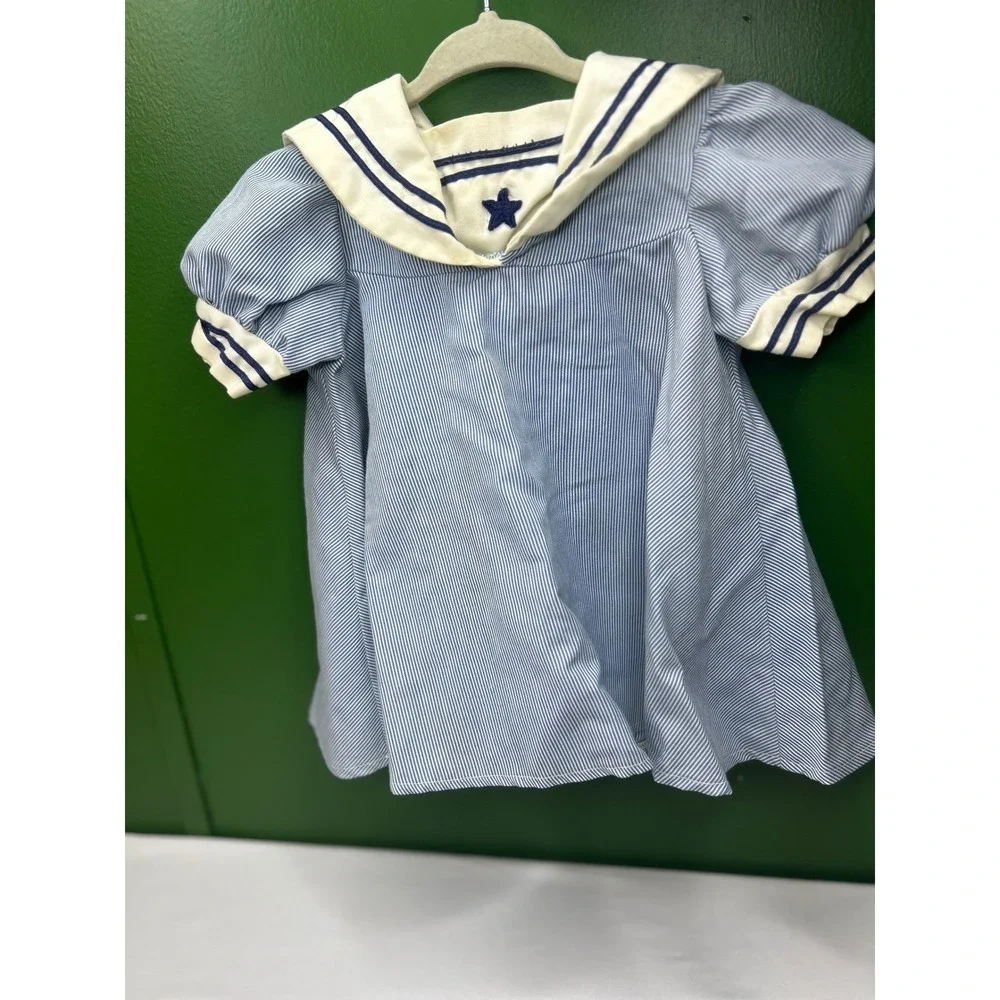 Vintage Toddle Time JCPenney Blue White Pinstripe Sailor Dress Star Size 1